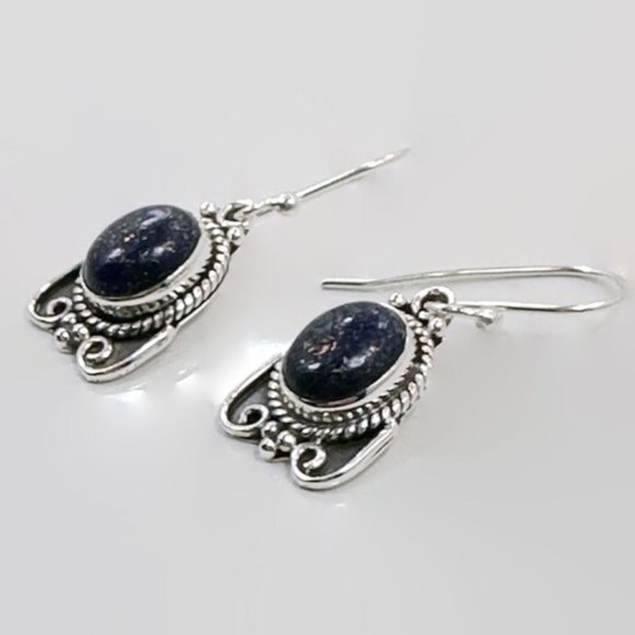 Lapis  Earrings, Sterling Silver, Pierced, Blue Stone, Dangle, Ear Wires - Picture 3 of 3